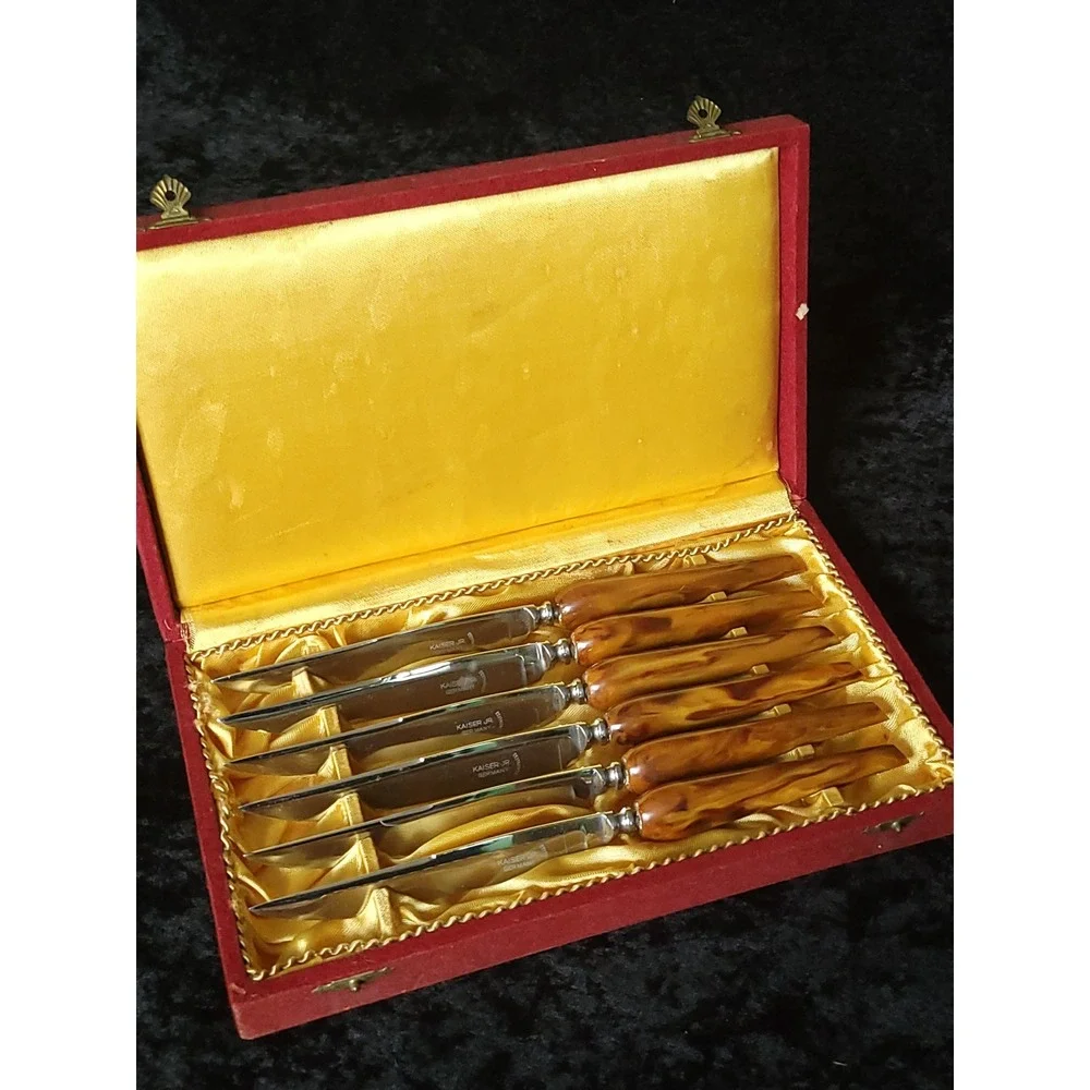 Vintage Kaiser Jr Germany Knife Set 6pc Stainless Butterscotch Marbled Handles
